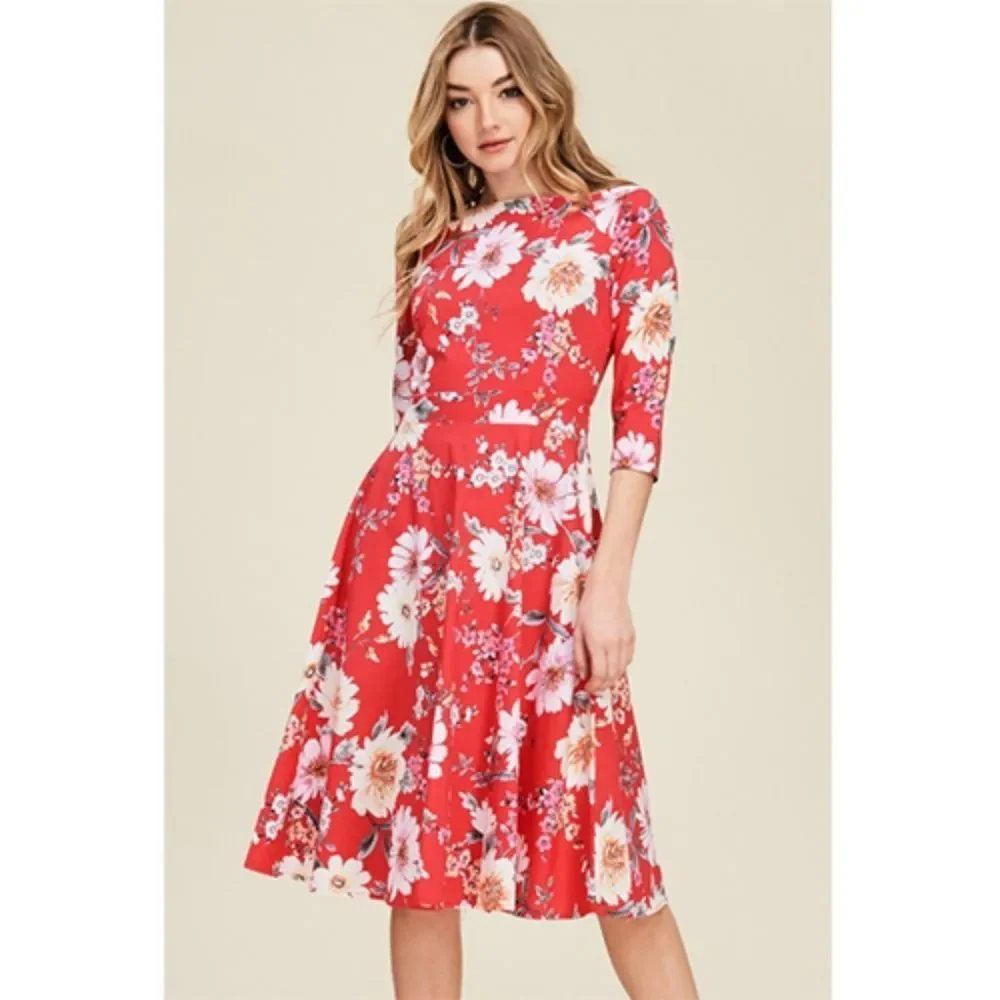 Red Floral 3/4 Sleeve Ribbon Dress.  NWT - Picture 3 of 5